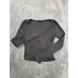 Papaya Wrap Top Womens Small Gray Ribbed Cropped Long Sleeve V Neck Casual
